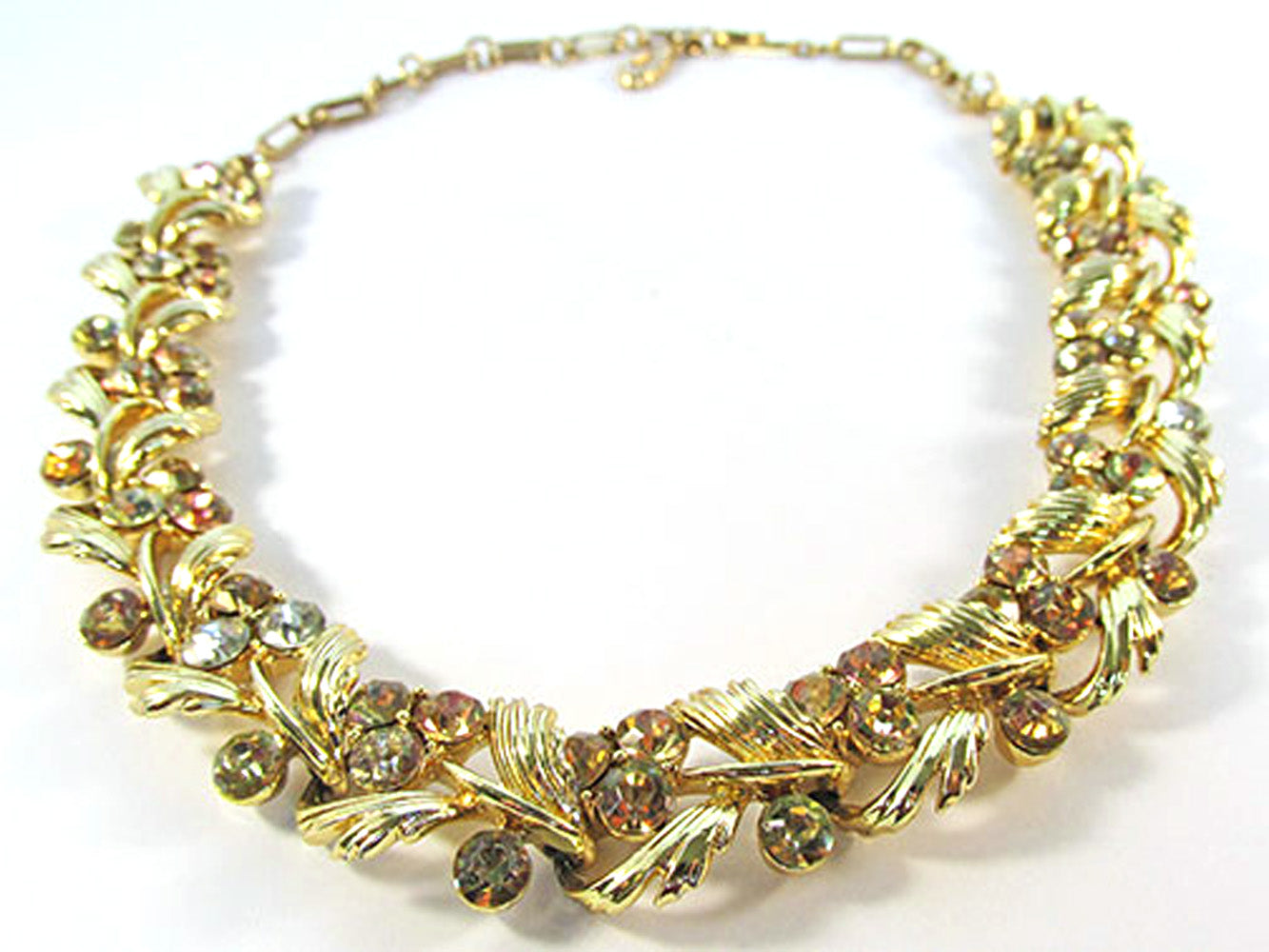 Lisner Vintage 1950s Citrine and Jonquil Rhinestone Floral Necklace - Front