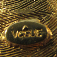 Vogue Vintage 1950s Clear Rhinestone and Pearl Gold Seashell Pin - Signature - Thumbnail