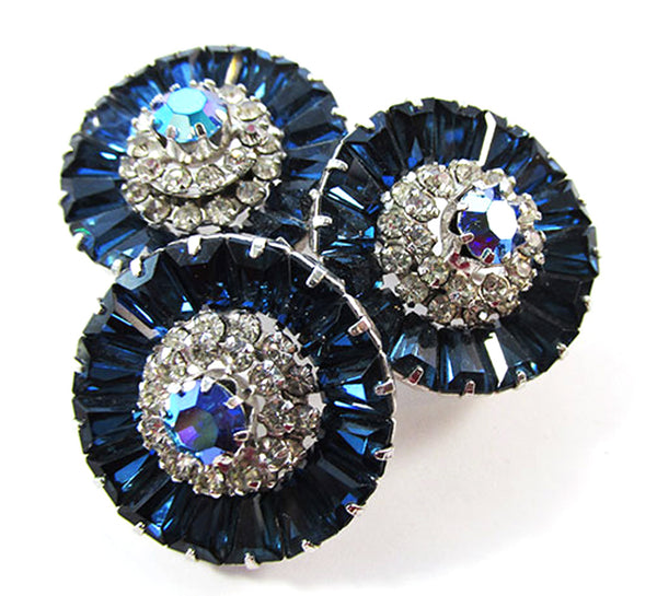Vintage 1950s Sapphire and Clear Rhinestone Floral Pin - Front