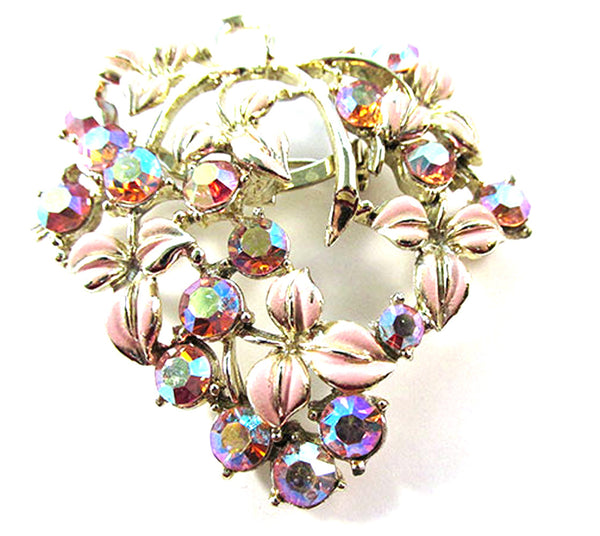 Vintage 1950s Pink Aurora Borealis Rhinestone and Enamel Floral Pin - Front
