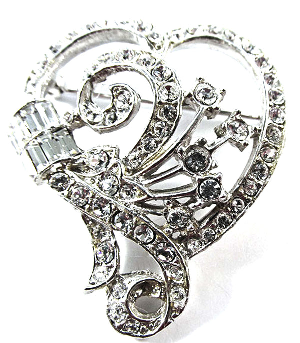 Vintage 1950s Clear Rhinestone Silver Floral Heart-Shaped Pin - Front