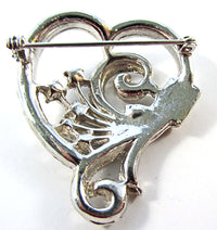 Vintage 1950s Clear Rhinestone Silver Floral Heart-Shaped Pin - Back - Thumbnail