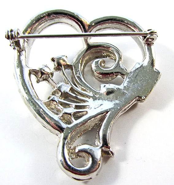 Vintage 1950s Clear Rhinestone Silver Floral Heart-Shaped Pin - Back