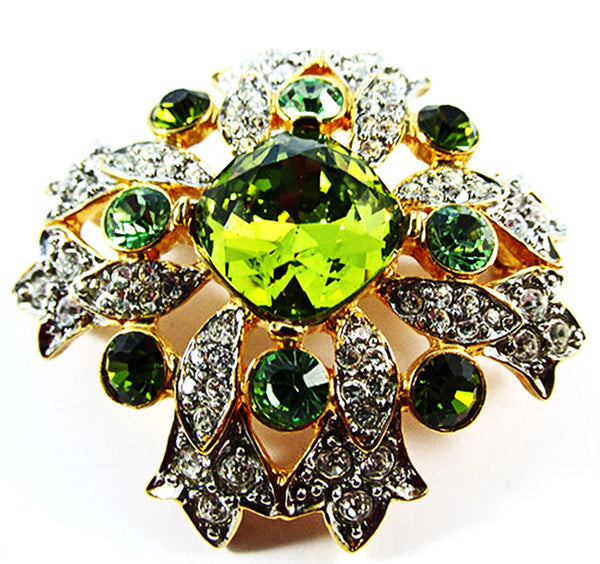 Vintage 1960s Kenneth J. Lane Green and Clear Rhinestone Floral Pin - Front
