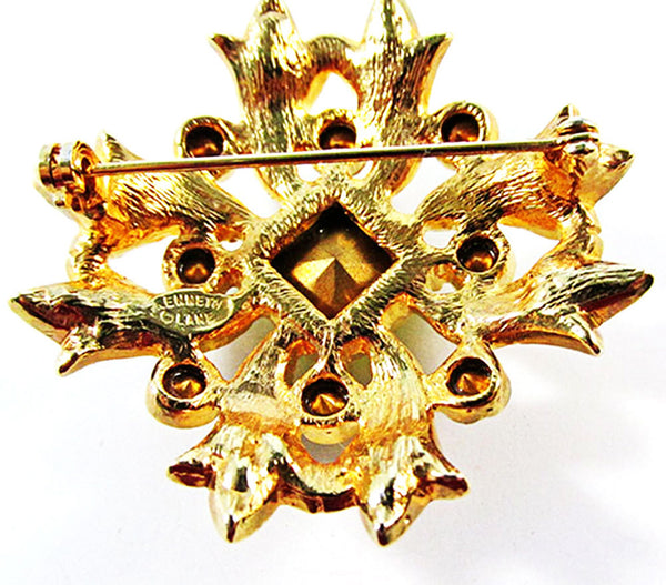 Vintage 1960s Kenneth J. Lane Green and Clear Rhinestone Floral Pin -Back