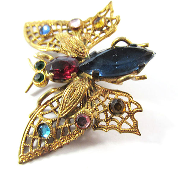 Vintage 1930s Czechoslovakian Brass Filigree Rhinestone Butterfly Pin - Front