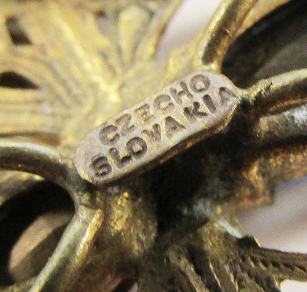 Vintage 1930s Czechoslovakian Brass Filigree Rhinestone Butterfly Pin - Mark