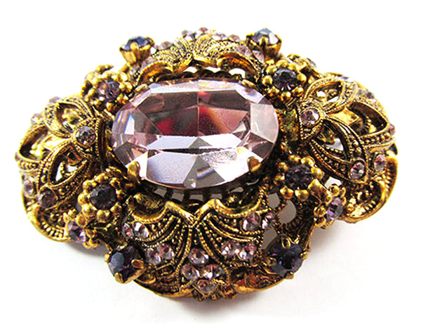 Vintage 1950s Signed West Germany Amethyst Rhinestone Floral Pin - Front