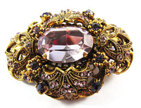 Vintage 1950s Signed West Germany Amethyst Rhinestone Floral Pin - Front - Thumbnail