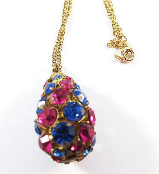 Vintage 1960s Fuchsia and Sapphire-Blue Rhinestone Pendant - Close Up