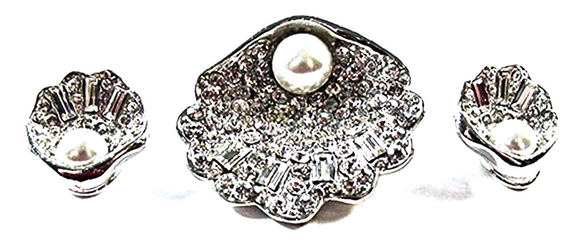 Vintage 1960s Clear Rhinestone and Pearl Seashell Pin and Earrings - Front Set
