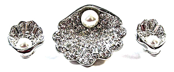 Vintage 1960s Clear Rhinestone and Pearl Seashell Pin and Earrings - Front Set