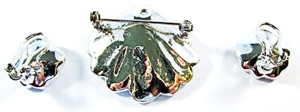 Vintage 1960s Clear Rhinestone and Pearl Seashell Pin and Earrings - Back