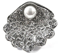 Vintage 1960s Clear Rhinestone and Pearl Seashell Pin and Earrings - Front Pin - Thumbnail