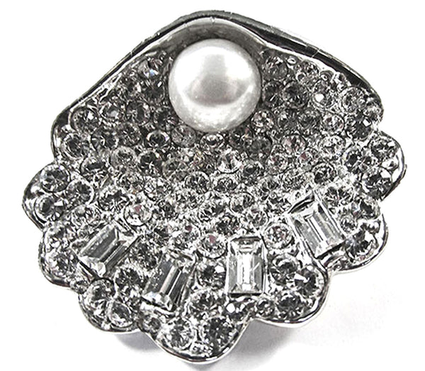 Vintage 1960s Clear Rhinestone and Pearl Seashell Pin and Earrings - Front Pin