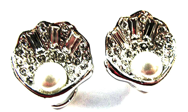 Vintage 1960s Clear Rhinestone and Pearl Seashell Pin and Earrings - Front Earings