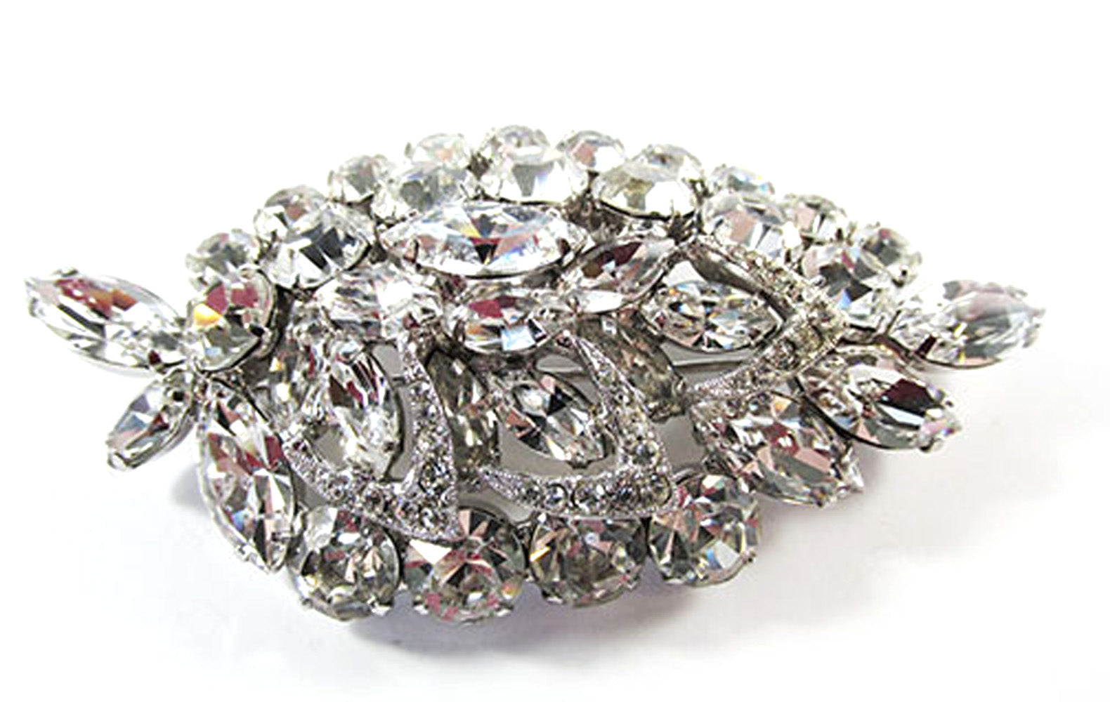 Weiss Vintage Designer 1950s Bold Clear Rhinestone Leaf Pin
