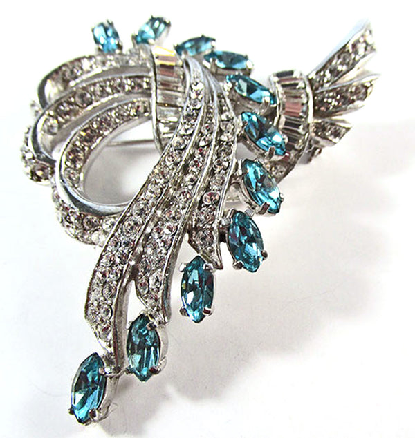 Vintage 1950s Aquamarine and Clear Rhinestone Floral Pin/Pendant - Front