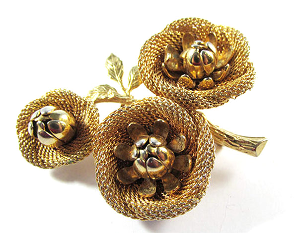 Hobe Vintage 1950s Three-Dimensional Gold Floral Bouquet Pin - Front