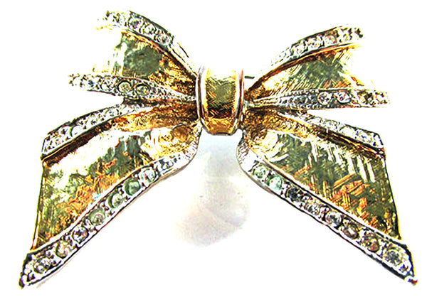 Vintage 1960s Gold and Silver Clear Rhinestone Bow Pin - Front