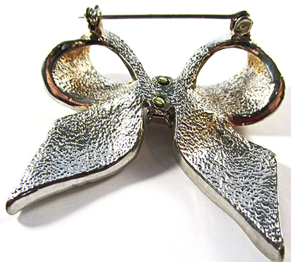 Vintage 1960s Gold and Silver Clear Rhinestone Bow Pin - Back
