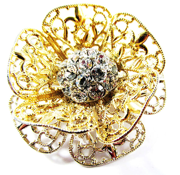 Vintage 1950s Three-Dimensional Clear Rhinestone Floral Pin - Front