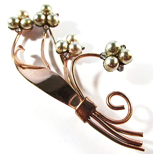 Vintage 1940s Pearl and Rhinestone Gold Floral Bouquet Pin - Front