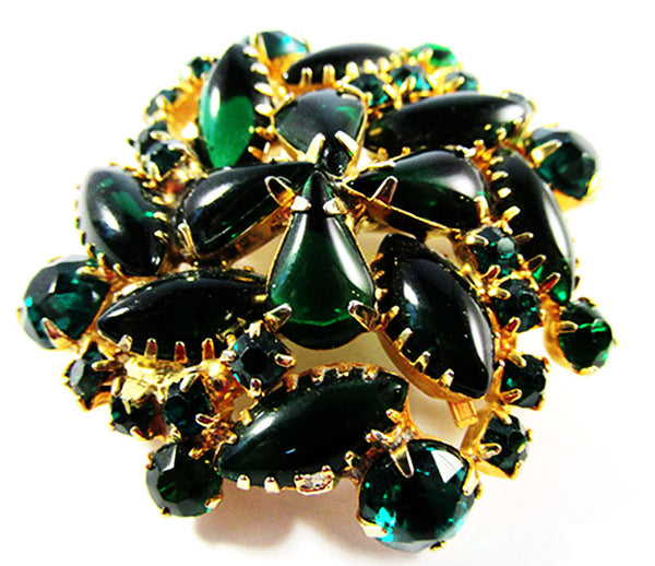 Exceptional Vintage 1950s Emerald-Green Rhinestone Floral Swirl Pin - Front