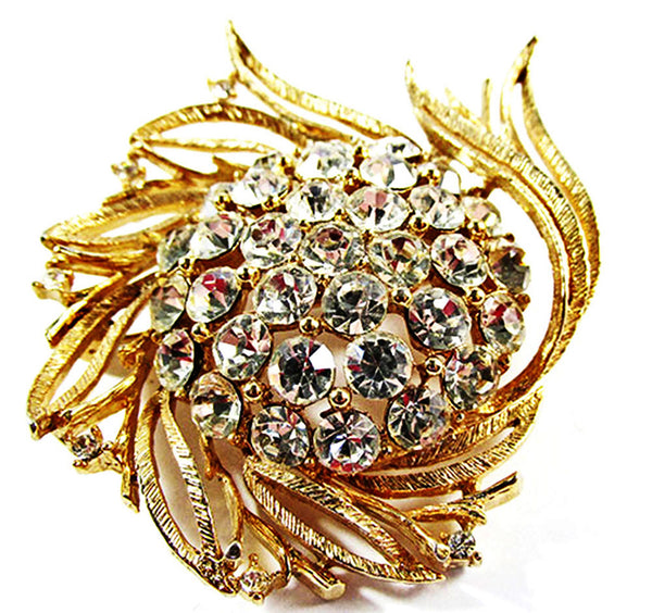 Vintage 1950s Lisner Clear Rhinestone and Gold Floral Pin - Front