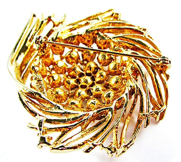 Vintage 1950s Lisner Clear Rhinestone and Gold Floral Pin - Back