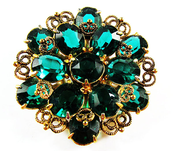 Superb Vintage 1950s Emerald-Green Rhinestone Floral Pin - Front