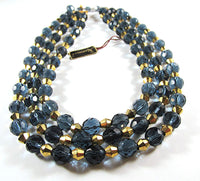 Striking Vintage 1950s Marvella Blue and Gold Crystal Necklace - Close Up Front - Thumbnail