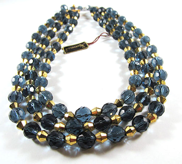 Striking Vintage 1950s Marvella Blue and Gold Crystal Necklace - Close Up Front