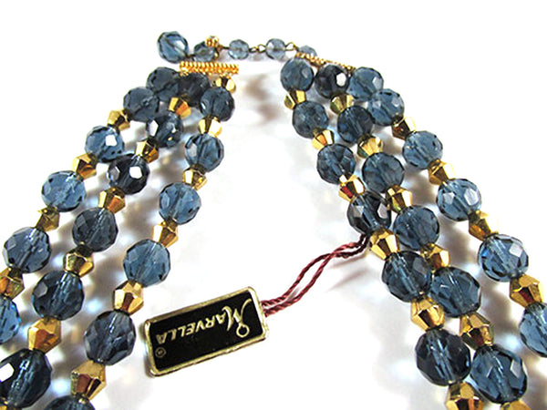 Striking Vintage 1950s Marvella Blue and Gold Crystal Necklace - Closure and Hang Tag
