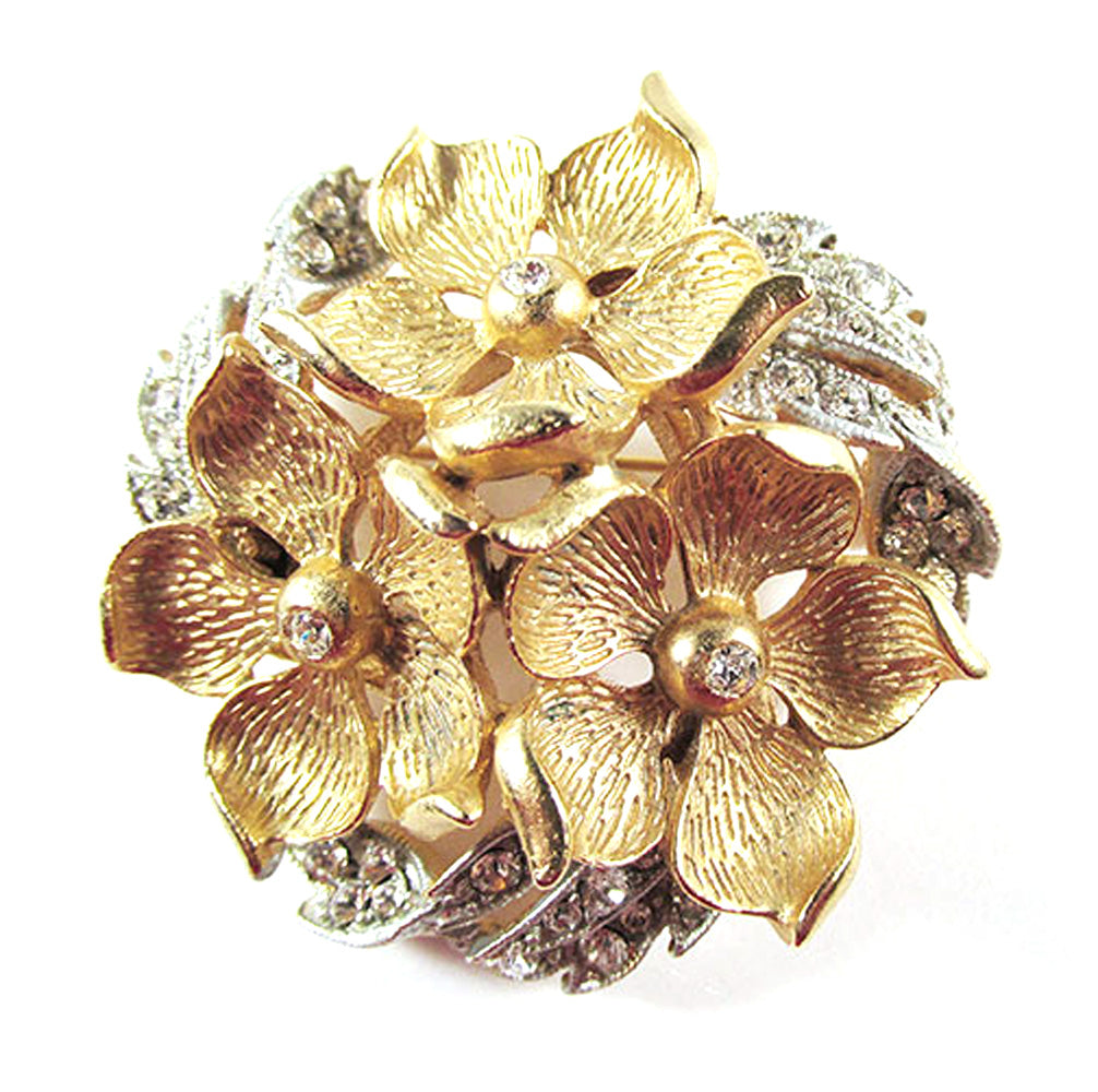 Lisner Vintage 1950s Clear Rhinestone Gold and Silver-Toned Floral Pin