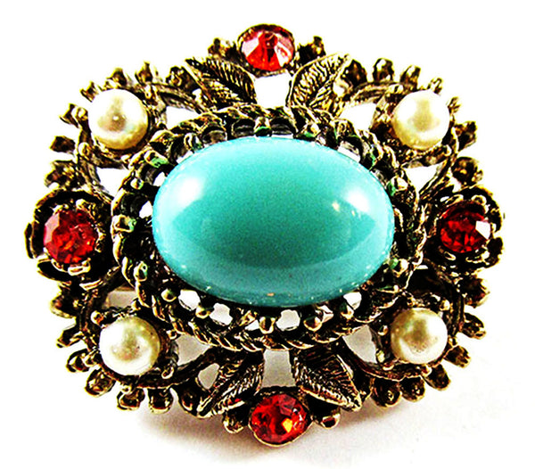 Vintage 1950s Gorgeous Oval Rhinestone, Pearl, and Turquoise Pin - 