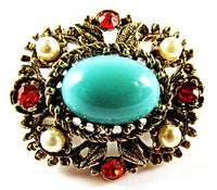 Vintage 1950s Gorgeous Oval Rhinestone, Pearl, and Turquoise Pin