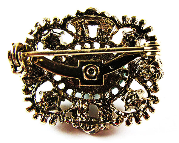 Vintage 1950s Gorgeous Oval Rhinestone, Pearl, and Turquoise Pin - Back