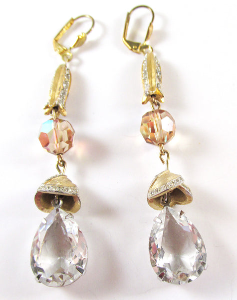 Vintage 1960s Mid-Century Clear Rhinestone and Crystal Drop Earrings  Front