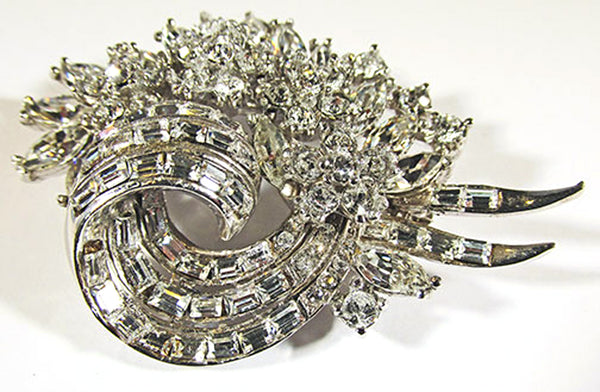 Pennino Vintage 1950s Clear Rhinestone Rhodium Plated Floral Pin - Front