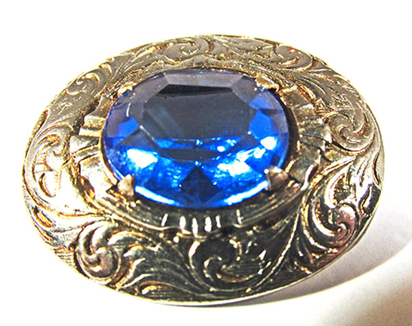 Vintage 1950s Sapphire Rhinestone and Etched Oval Gold Toned Pin - Front