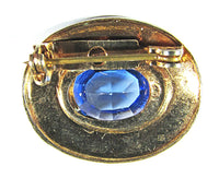 Vintage 1950s Sapphire Rhinestone and Etched Oval Gold Toned Pin - Back - Thumbnail