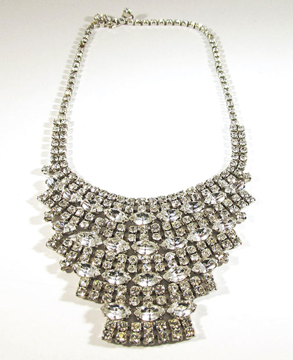 Vintage 1950s Clear Rhinestone and Silver Rhodium Bib Necklace - Front