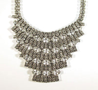 Vintage 1950s Clear Rhinestone and Silver Rhodium Bib Necklace - Close Up - Thumbnail