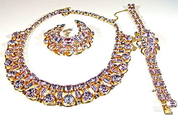 Kramer Vintage 1950s Purple Rhinestone Necklace, Bracelet, and Pin - Set Front