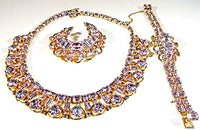 Kramer Vintage 1950s Purple Rhinestone Necklace, Bracelet, and Pin - Set Front - Thumbnail
