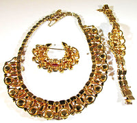Kramer Vintage 1950s Purple Rhinestone Necklace, Bracelet, and Pin - Set Back - Thumbnail