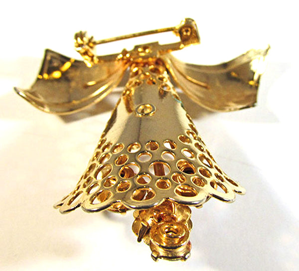 Vintage 1960s Clear and Blue Rhinestone Gold Festive Bell Pin - Back