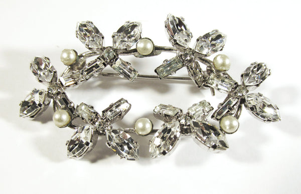 Made in Austria Vintage 1950s Pearl and Clear Rhinestone Pin - Front