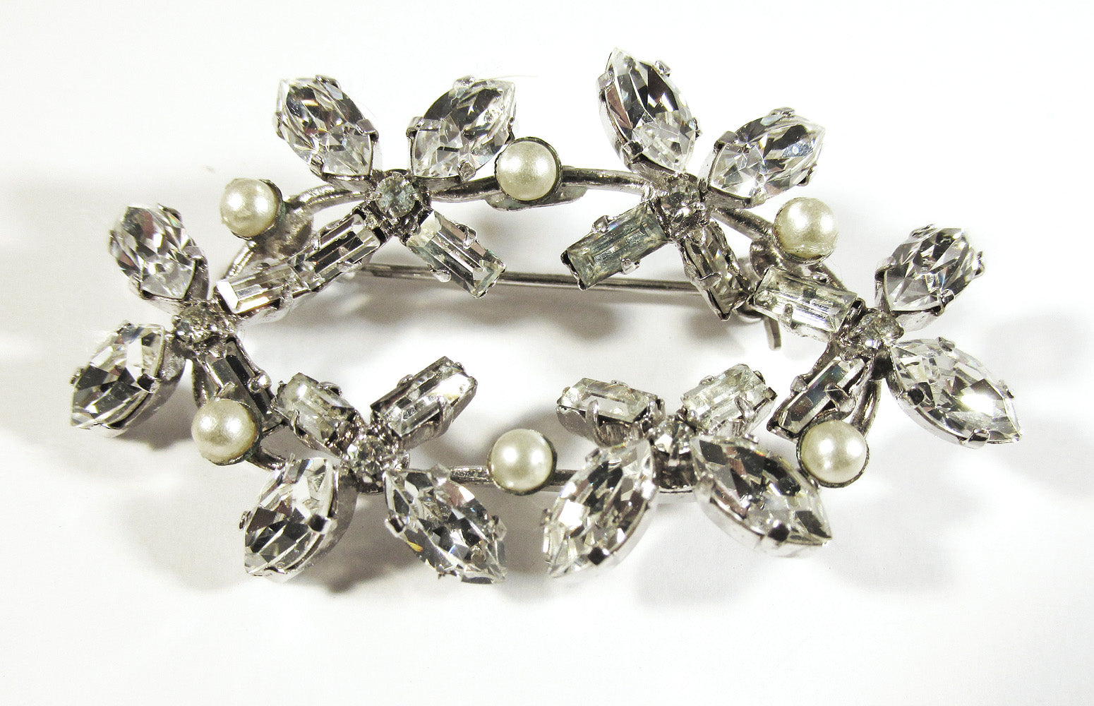 Made in Austria Vintage 1950s Pearl and Clear Rhinestone Pin - Front